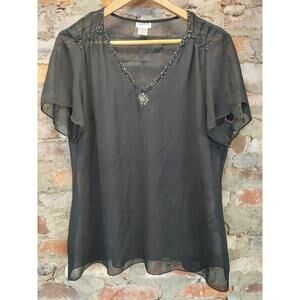 Together Womens Blouse Plus Size 18 Black Sheer Beaded Flutter Sleeve